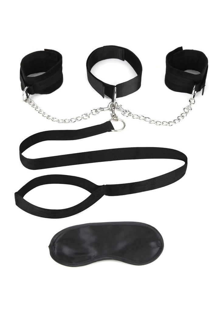 Lux Fetish Collar, Cuffs and Leash Set with Removable Cuffs and Leash - Black