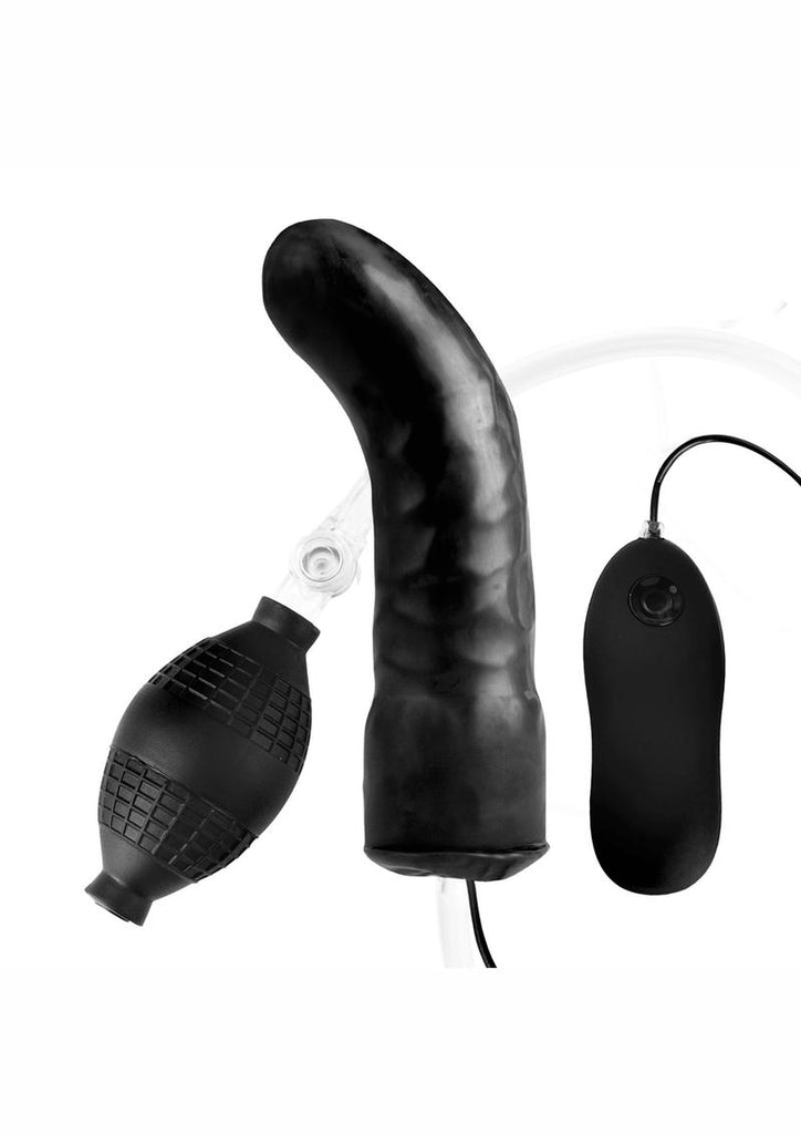 Lux Fetish Latex Inflatable Vibrating Curvd Dildo with Wired Remote Control - Black - 6in