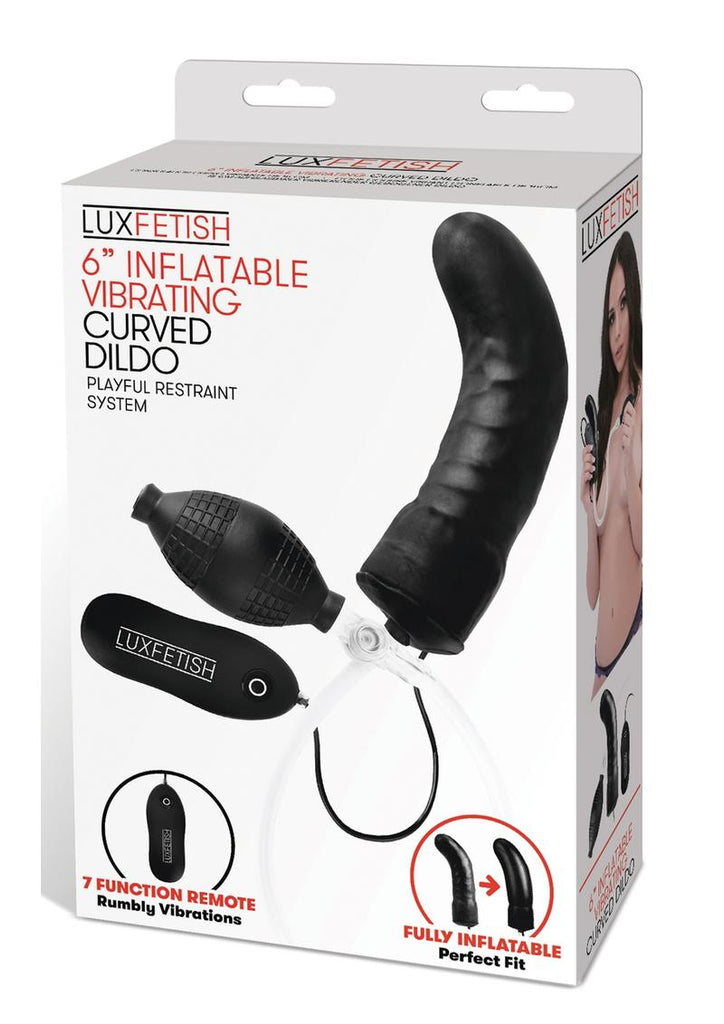 Lux Fetish Latex Inflatable Vibrating Curvd Dildo with Wired Remote Control - Black - 6in