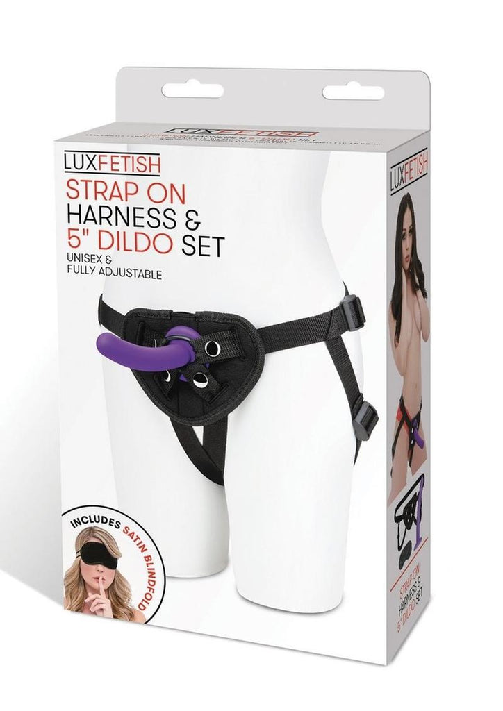 Lux Fetish Strap-On Harness and Silicone Dildo - Black/Purple - 5in - Set
