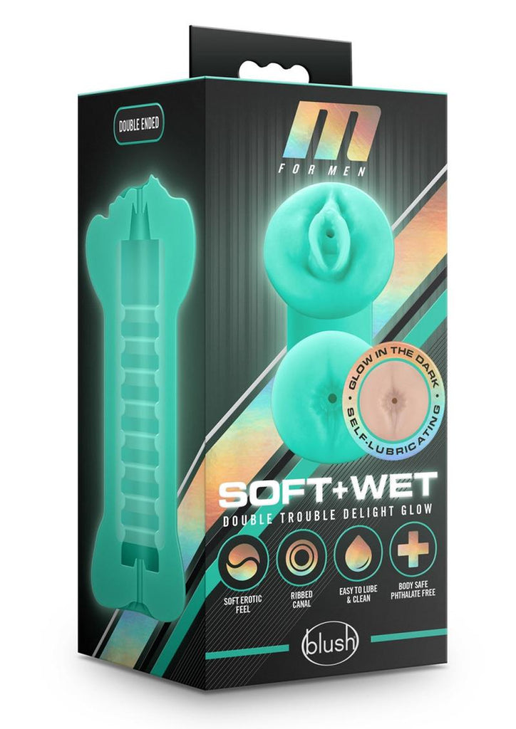 M For Men Soft and Wet Double Trouble Glow In The Dark Masturbator - Blue/Glow In The Dark/Turquoise/Vanilla