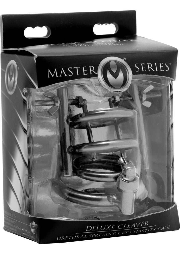 Master Series Deluxe Cleaver Urethral Spreader CBT Chastity Cage - Metal/Silver