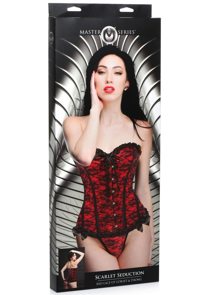 Master Series Scarlet Seduction Lace-Up Corset and Thong - Black/Red - Large/One Size