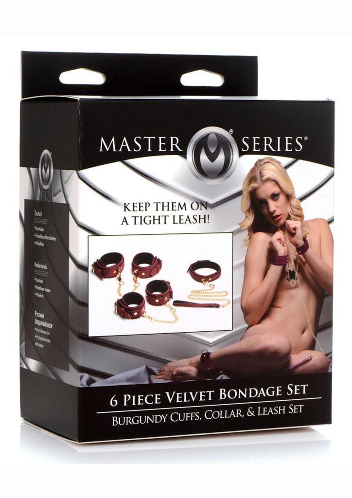 Master Series Velvet Bondage Set Cuffs, Collar, and Leash - Burgundy/Gold/Metal/Red - 6 Piece