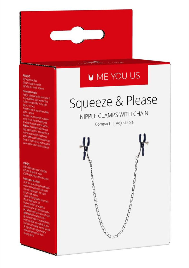 ME YOU US Squeeze and Please Adjustable Nipple Clamps with Chain - Metal/Silver
