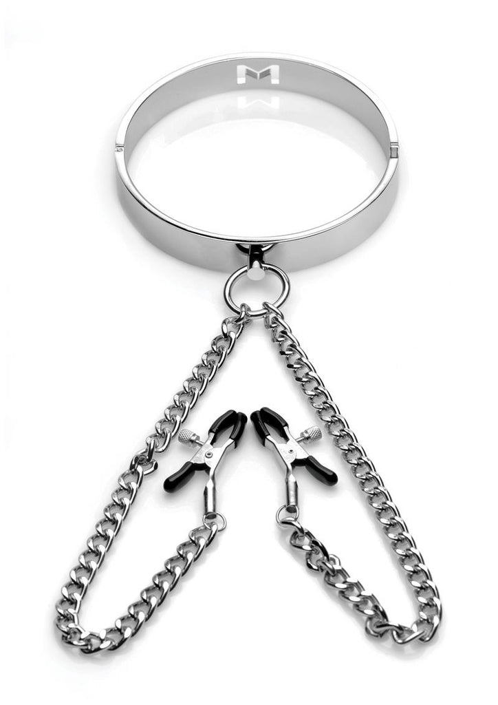 Mistress By Isabella Sinclaire Slave Collar with Nipple Clamps - Metal/Silver