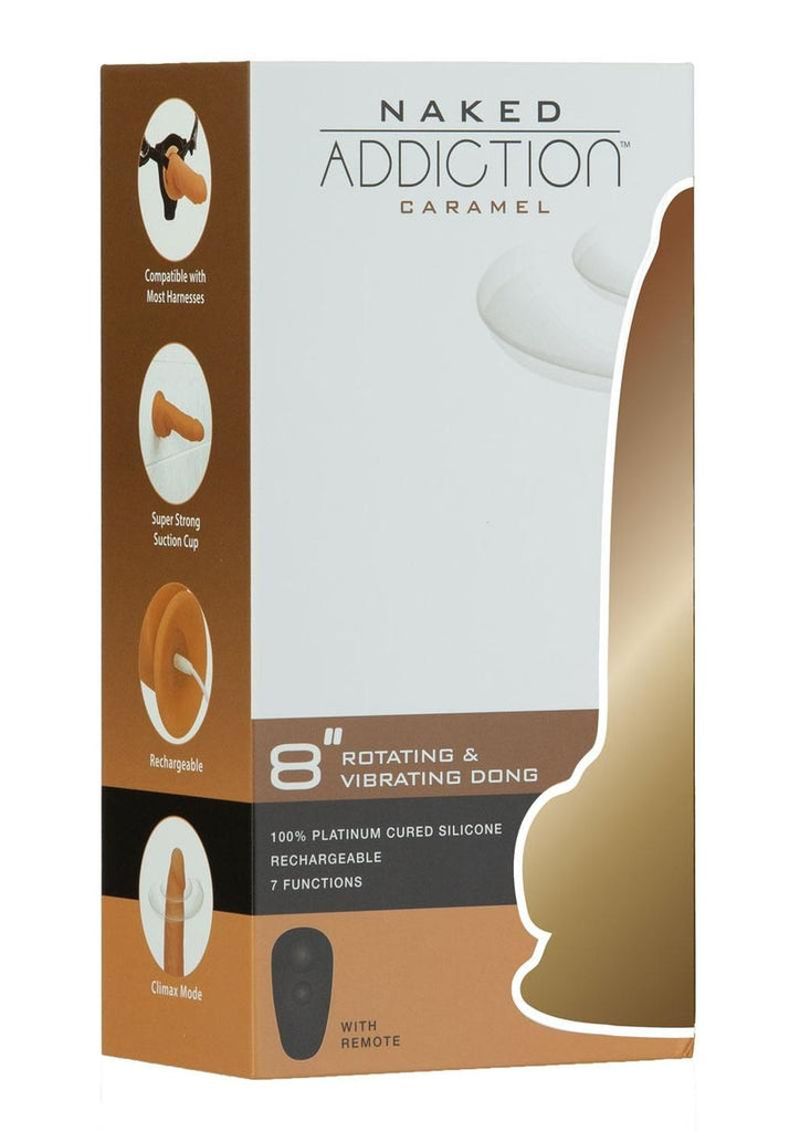 Naked Addiction Silicone Rechargeable Vibrating and Rotating Dildo with Remote Control - Caramel - 8in