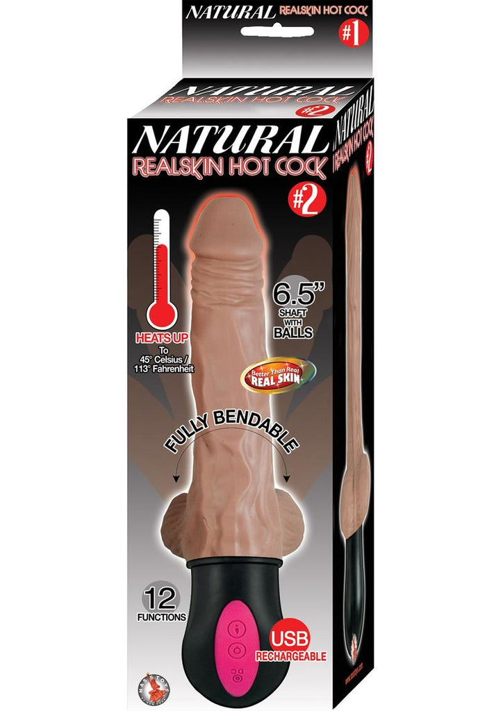 Natural Realskin Hot Cock 2 Rechargeable Warming Dildo with Balls - Brown/Chocolate - 6.5in