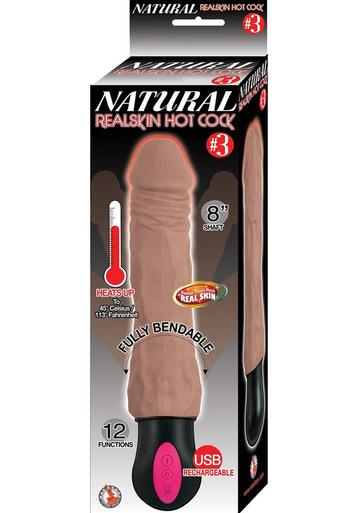Natural Realskin Hot Cock 3 Rechargeable Warming Dildo - Brown/Chocolate - 8in