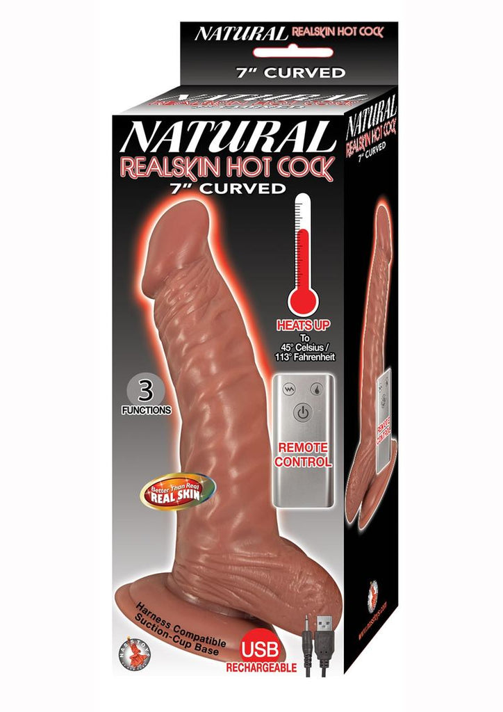 Natural Realskin Hot Cock Curved Warming Rechargeable Dildo - Brown/Chocolate - 7in
