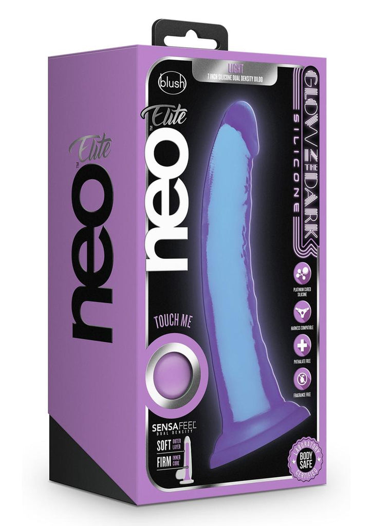Neo Elite Glow In The Dark Light Silicone Dual Dense Dildo - Glow In The Dark/Neon Purple/Purple - 7in