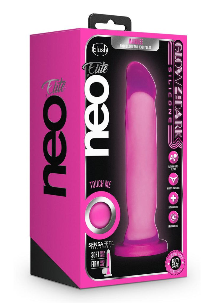 Neo Elite Glow In The Dark Marquee Silicone Dual Dense Dildo - Glow In The Dark/Neon Pink/Pink - 8in