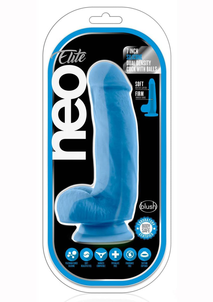 Neo Elite Silicone Dual Density Cock with Balls - Blue/Neon Blue - 7.5in
