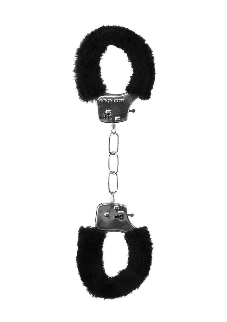 Ouch! Beginner's Furry Hand Cuffs with Quick Release Button - Black