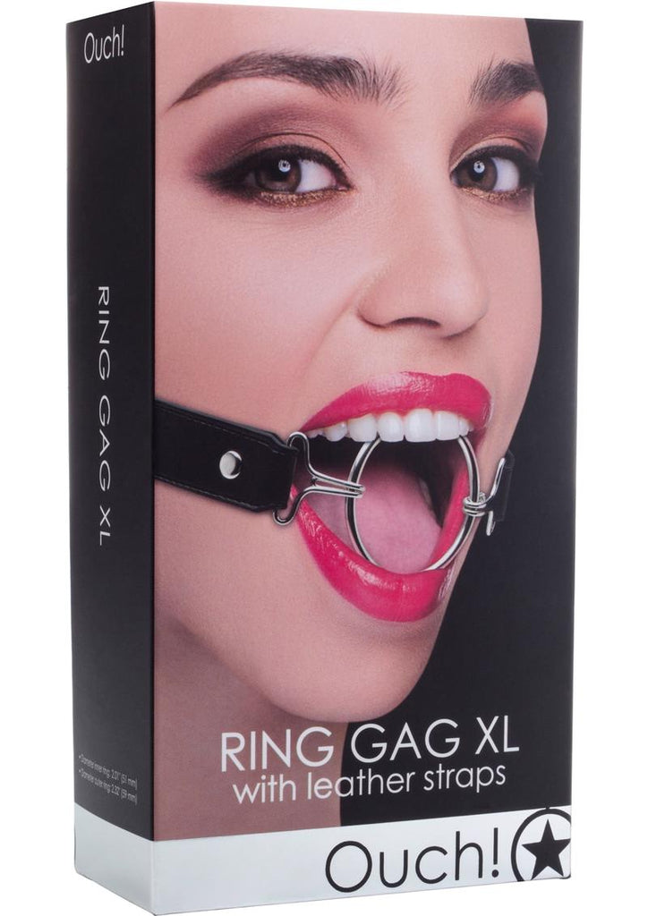 Ouch! Ring Gag XL with Leather Straps - Black/Metal