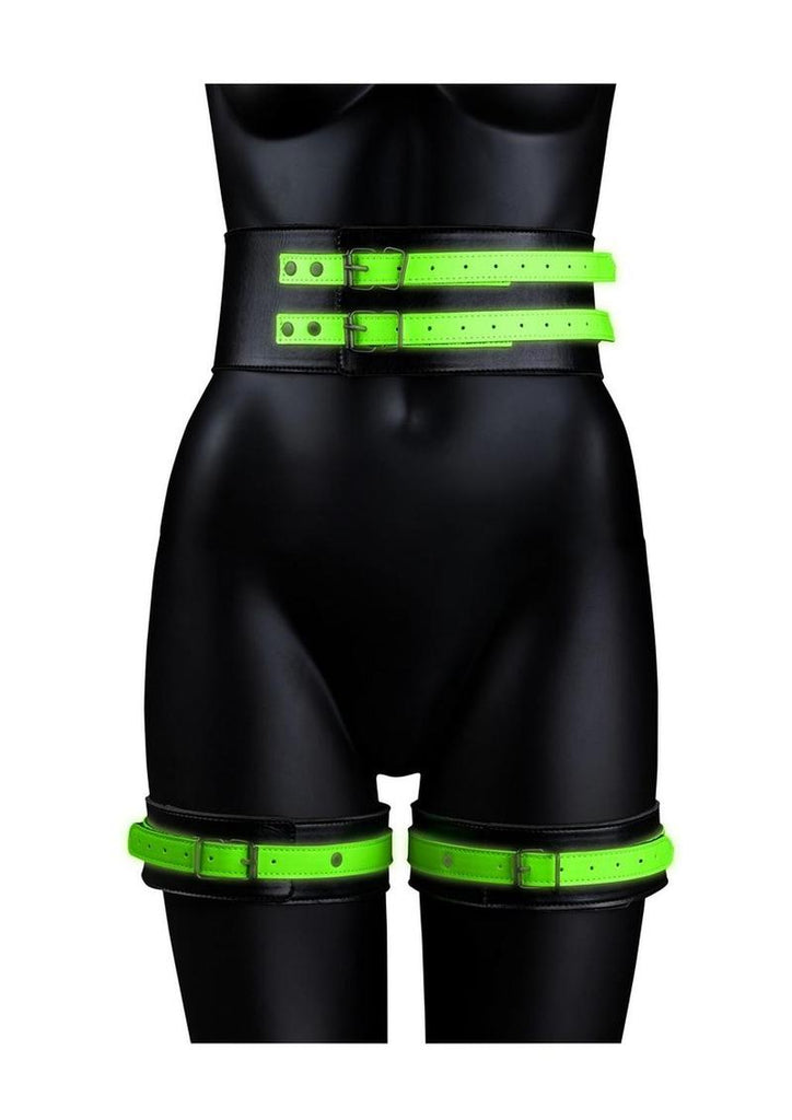 Ouch! Thigh Cuffs with Belt and Handcuffs - Glow In The Dark/Green - Medium/Small