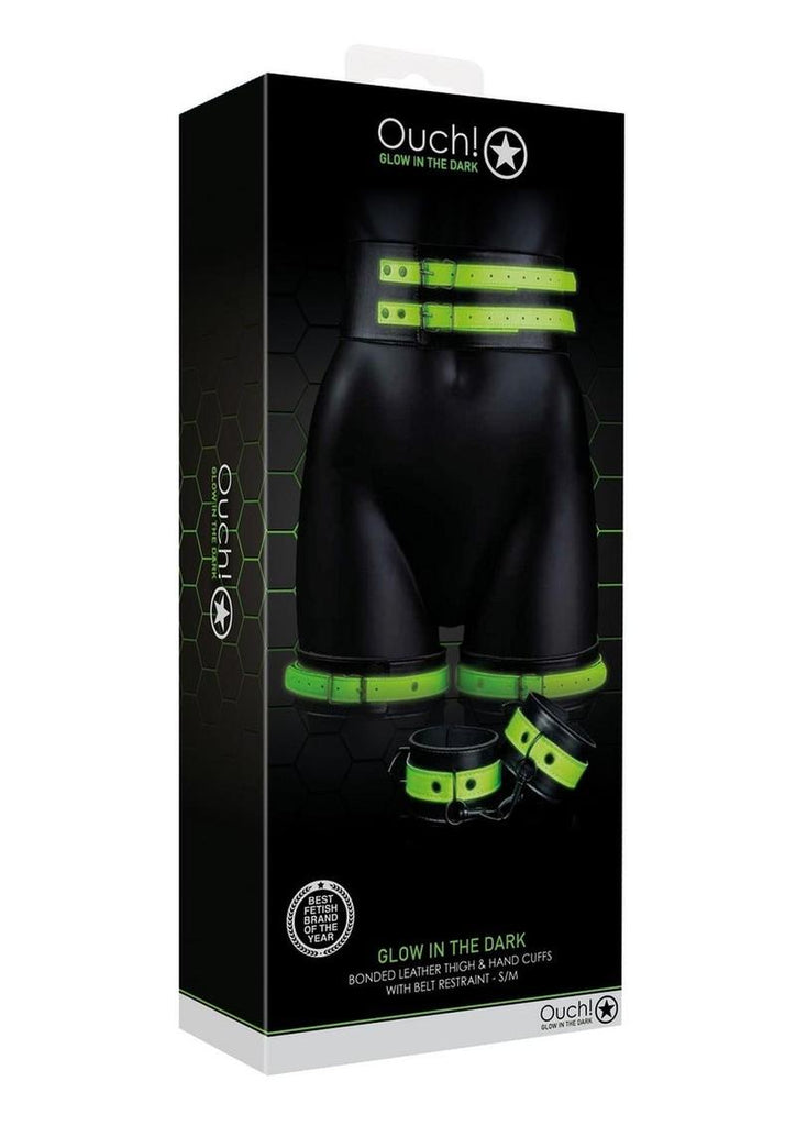 Ouch! Thigh Cuffs with Belt and Handcuffs - Glow In The Dark/Green - Medium/Small