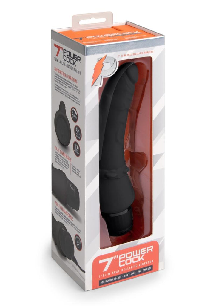 Powercocks Silicone Rechargeable Slim Anal Realistic Vibrator - Black - 7in