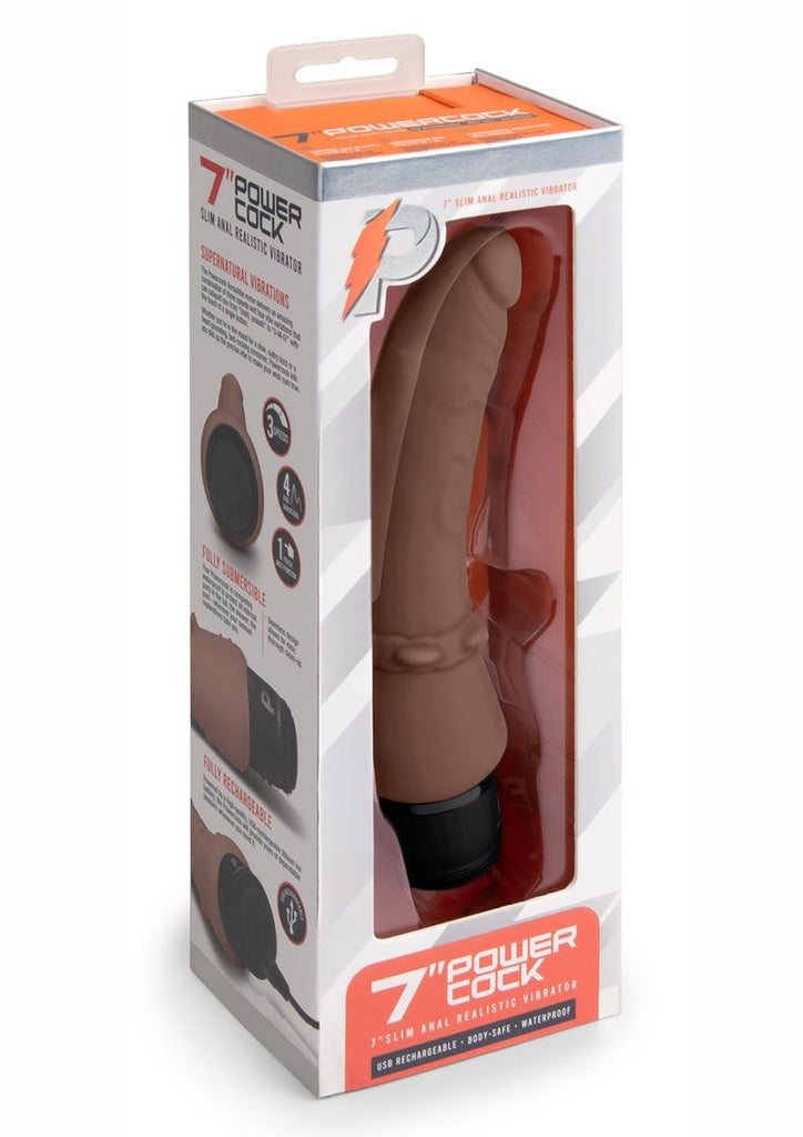 Powercocks Silicone Rechargeable Slim Anal Realistic Vibrator - Chocolate - 7in