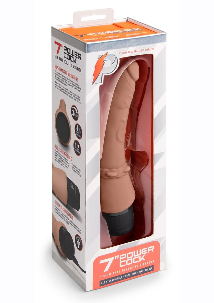 Powercocks Silicone Rechargeable Slim Anal Realistic Vibrator - Caramel/Mocha - 7in