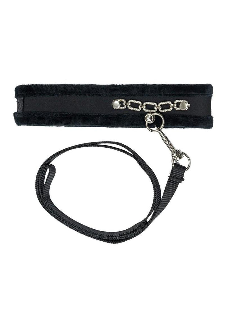 Punishment Crystal Detail Collar and Leash - Black - 37in