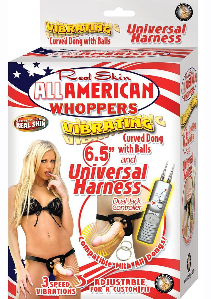 Real Skin All American Whoppers Vibrating Dildo with Universal Harness - Black/Flesh/Vanilla - 6.5in
