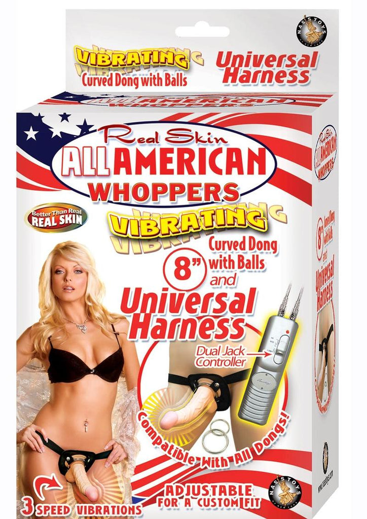 Real Skin All American Whoppers Vibrating Dildo with Universal Harness - Black/Flesh/Vanilla - 8in
