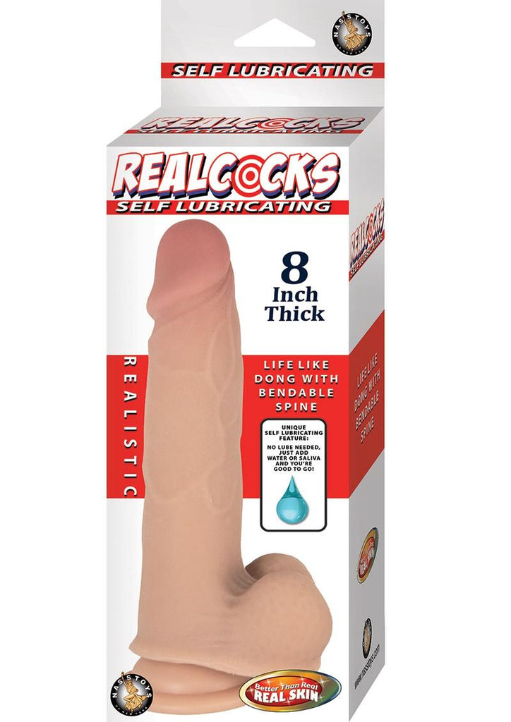 Realcocks Self Lubricating Bendable Thick Dildo with Balls - Flesh/Vanilla - 8in