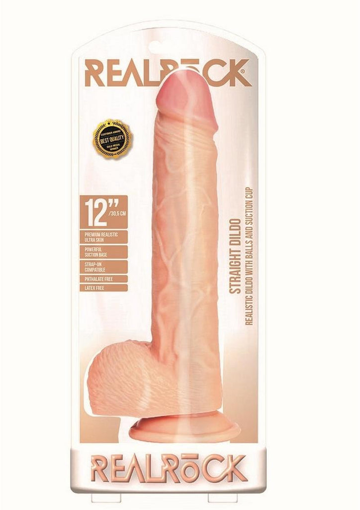 Realrock Curved Realistic Dildo with Balls and Suction Cup - Vanilla - 12in
