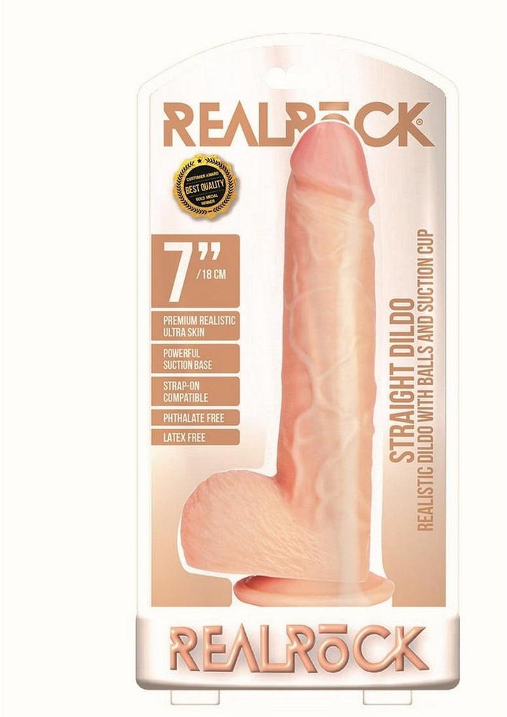 Realrock Curved Realistic Dildo with Balls and Suction Cup - Vanilla - 7in
