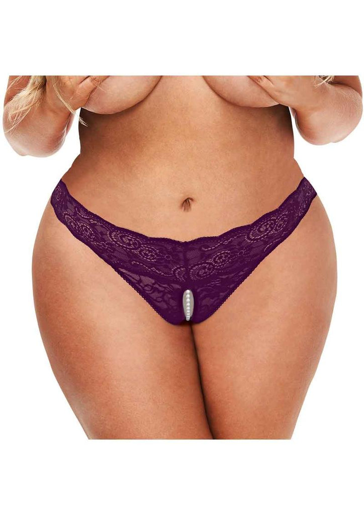 Secret Kisses Lace and Pearl Crotchless Thong - Purple - Queen