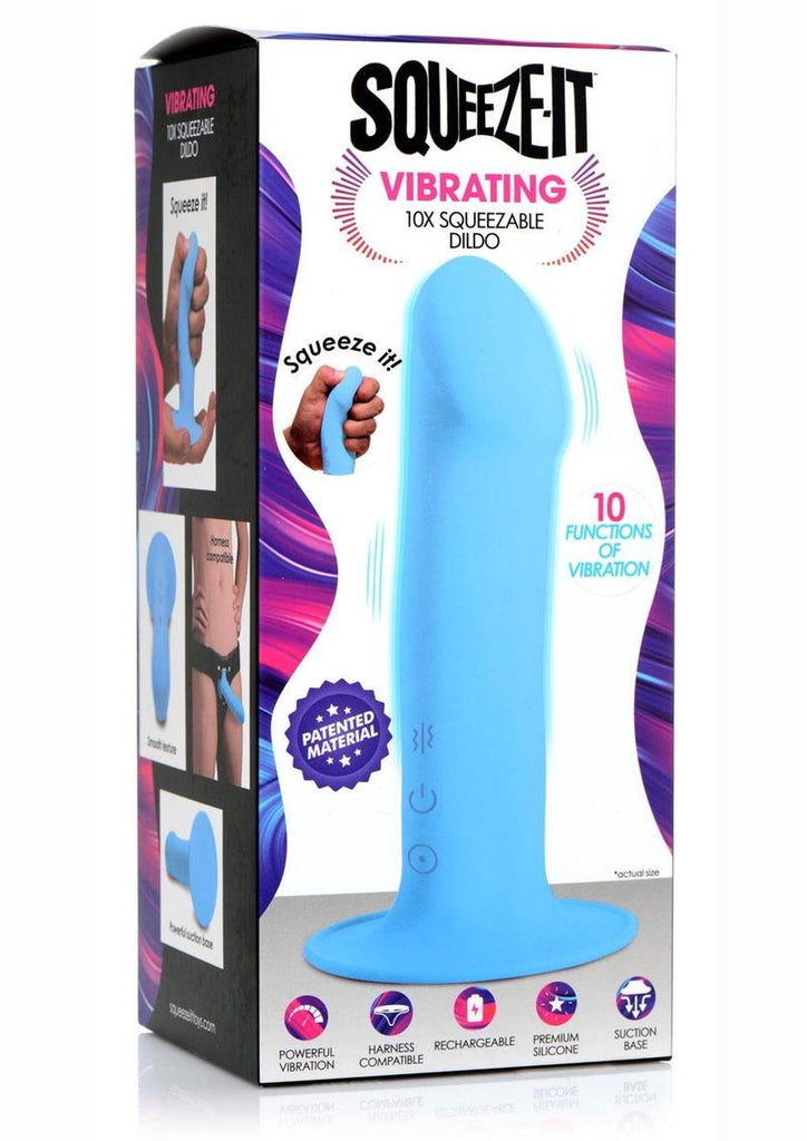 Squeeze-It Vibrating Squeezable Rechargeable Silicone Dildo - Blue