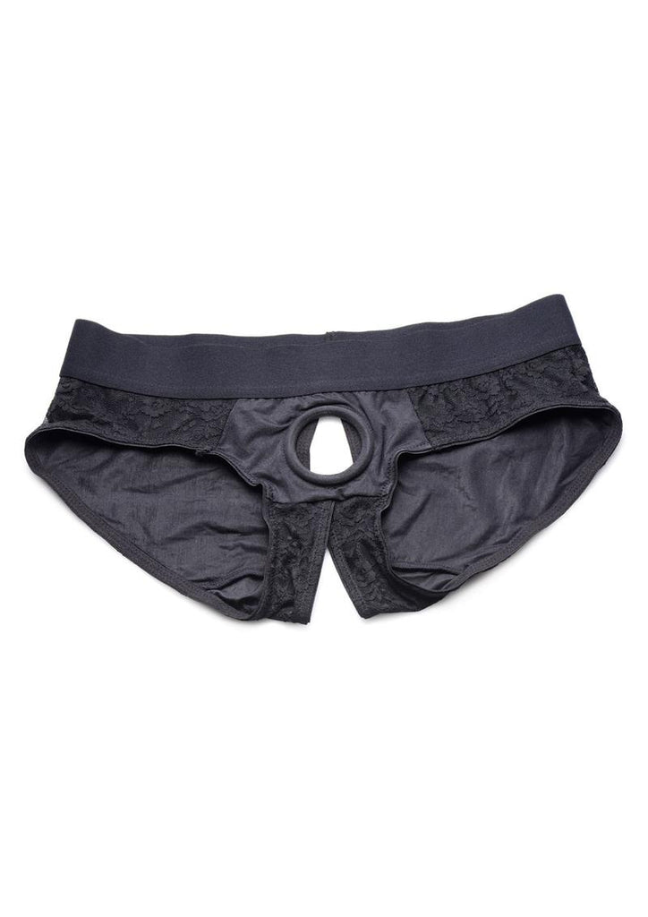 Strap U Lace Envy Black Crotchless Panty Harness - L/XL - Black
