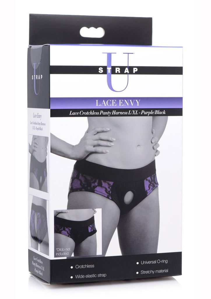 Strap U Lace Envy Lace Crotchless Panty Harness - Black/Purple - Large/XLarge