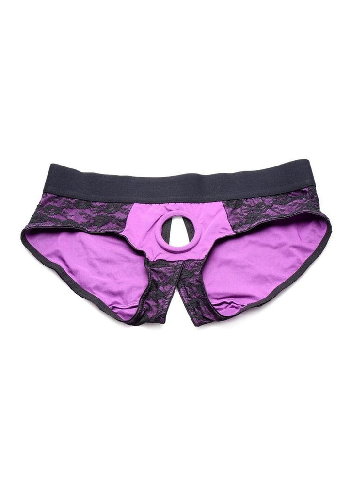 Strap U Lace Envy Lace Crotchless Panty Harness - Black/Purple - XXLarge
