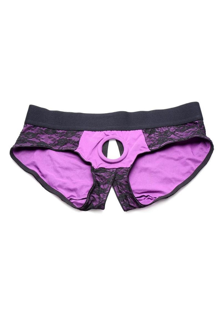 Strap U Lace Envy Lace Crotchless Panty Harness - Black/Purple - 3XLarge