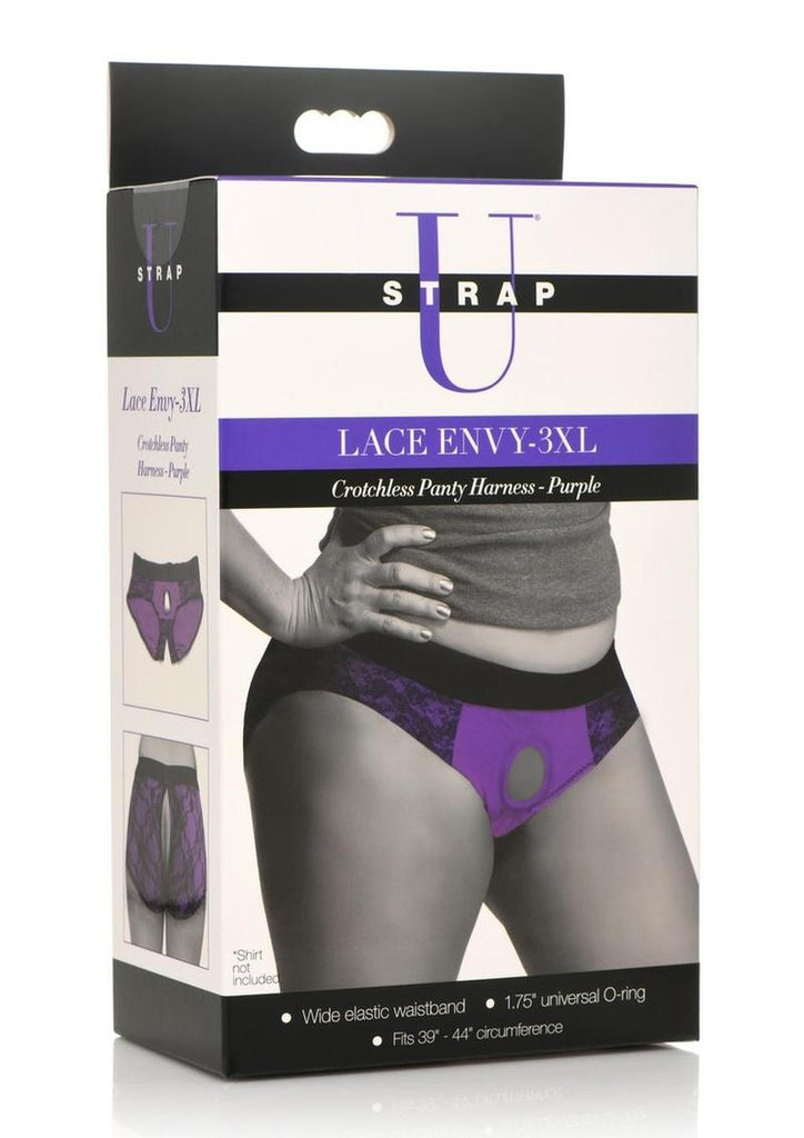 Strap U Lace Envy Lace Crotchless Panty Harness - Black/Purple - 3XLarge