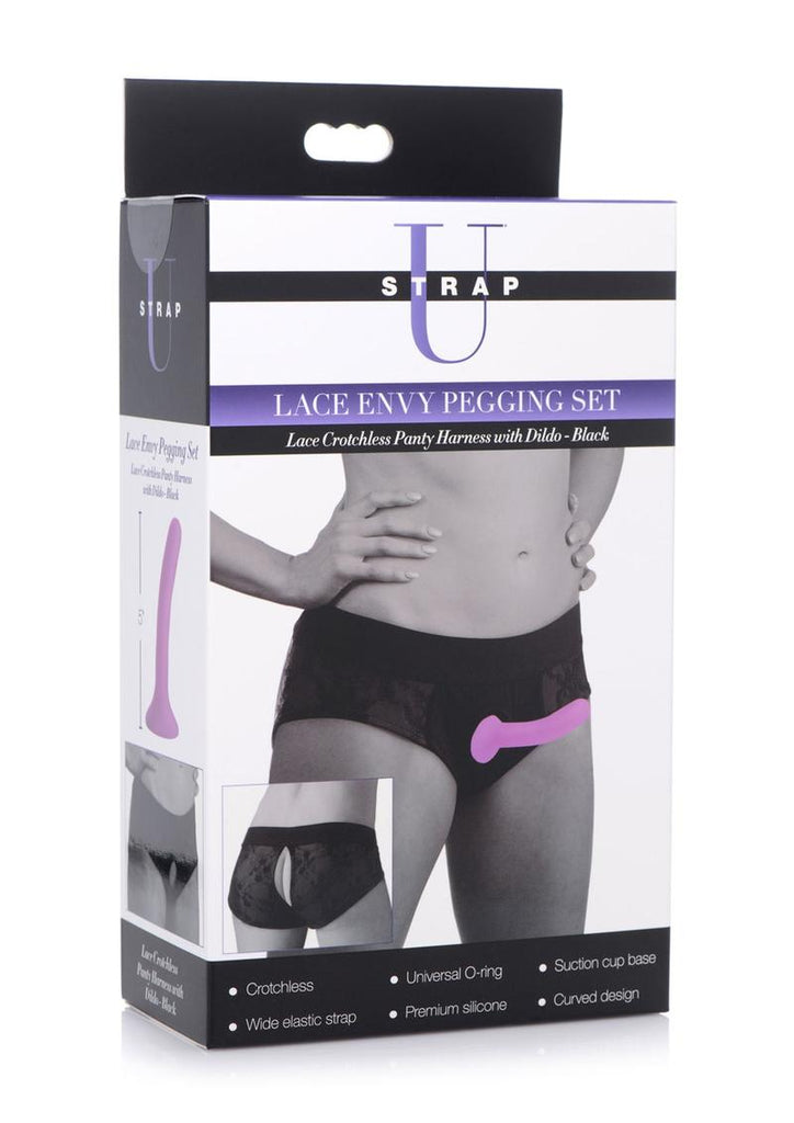 Strap U Lace Envy Pegging Set Crotchless Panty Harness and Dildo - Black - Large/XLarge - 5in