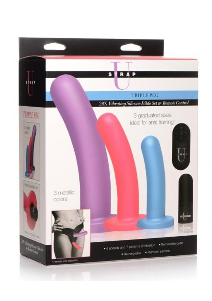 Strap U Triple Peg 28x Vibrating Rechargeable Silicone Dildo Set with Remote Control - Assorted Colors/Multicolor - 5 Piece
