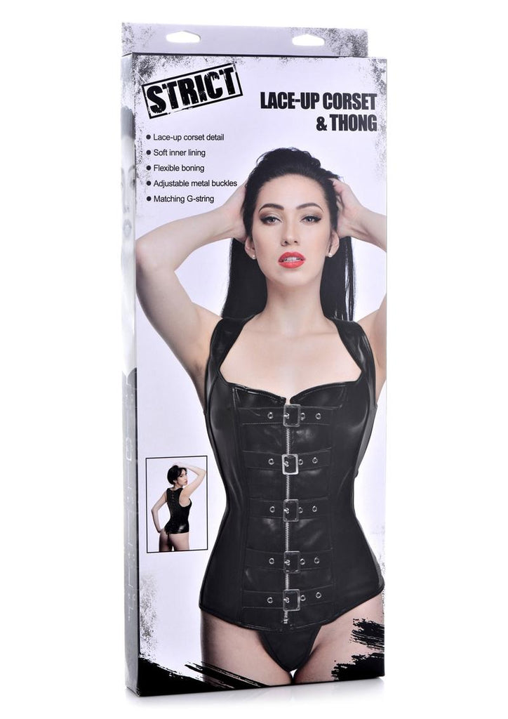 Strict Lace-Up Corset Vest and Thong - Black - Medium