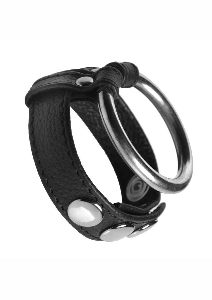 Strict Leather and Steel Cock and Ball Ring - Black/Metal/Silver
