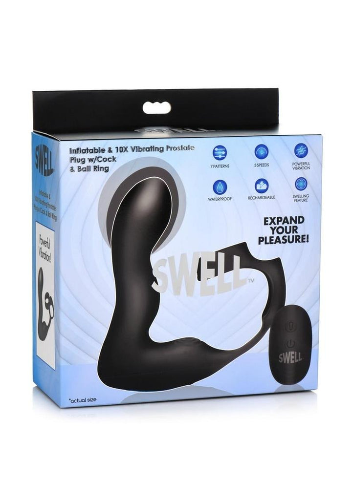 Swell Rechargeable Silicone Inflatable 10x Vibrating Prostate Plug with Cock and Ball Ring and Remote Control - Black