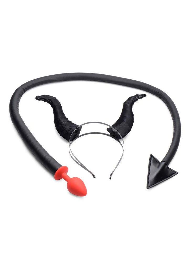 Tailz Devil Tail Anal Plug and Horns - Black - 2pc/Set