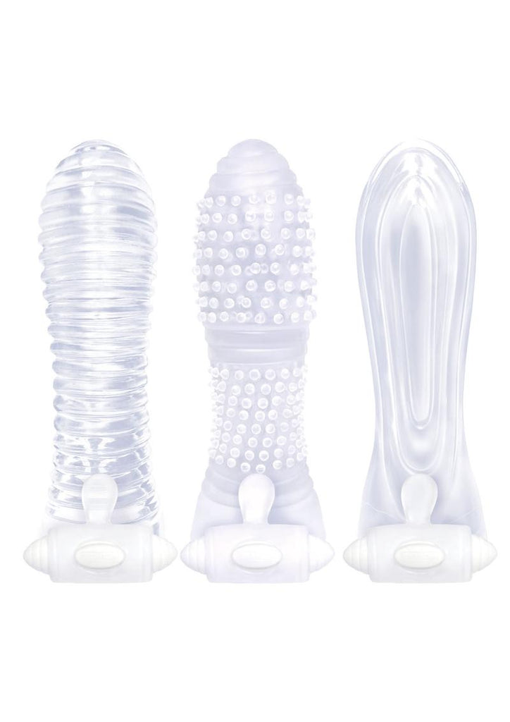 The 9's - Vibrating Sextenders, 3-Pack, Nubbed, Contoured, Ribbed - Clear