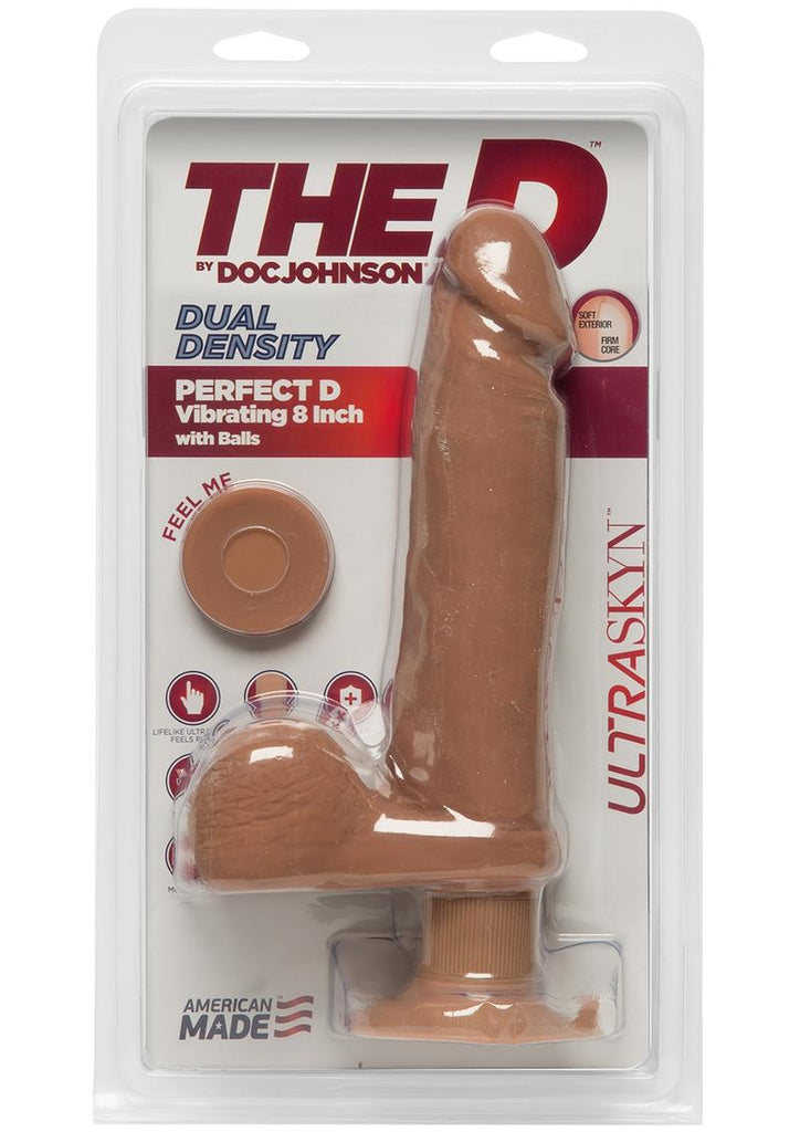 The D Perfect D Ultraskyn Vibrating Dildo with Balls - Brown/Caramel - 8in