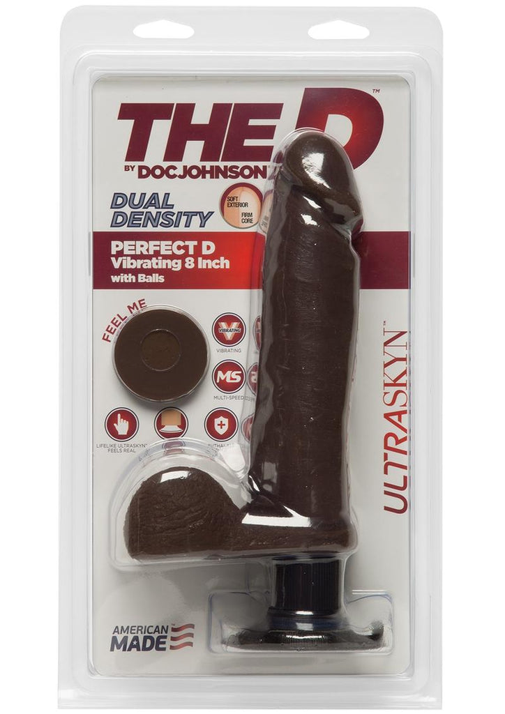 The D Perfect D Ultraskyn Vibrating Dildo with Balls - Chocolate - 8in