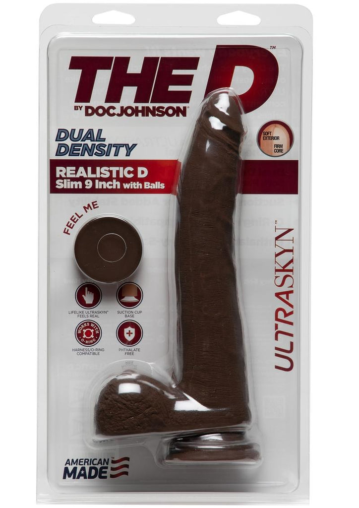The D Realistic D Ultraskyn Slim Dildo with Balls - Chocolate - 9in
