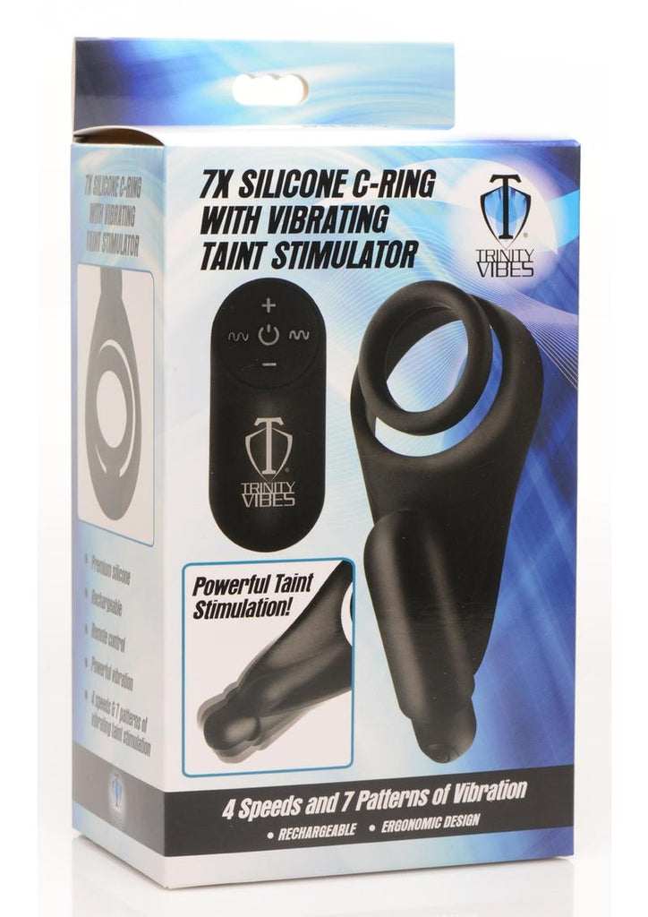 Trinity Men Silicone Rechargeable C-Ring with Vibrating Taint Stimulator and Remote Control - Black