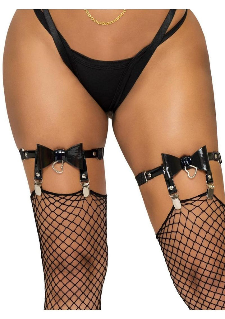 Vegan Leather Thigh High Bow Garter with Adjustable Straps and Heart Ring Accent - Black - One Size