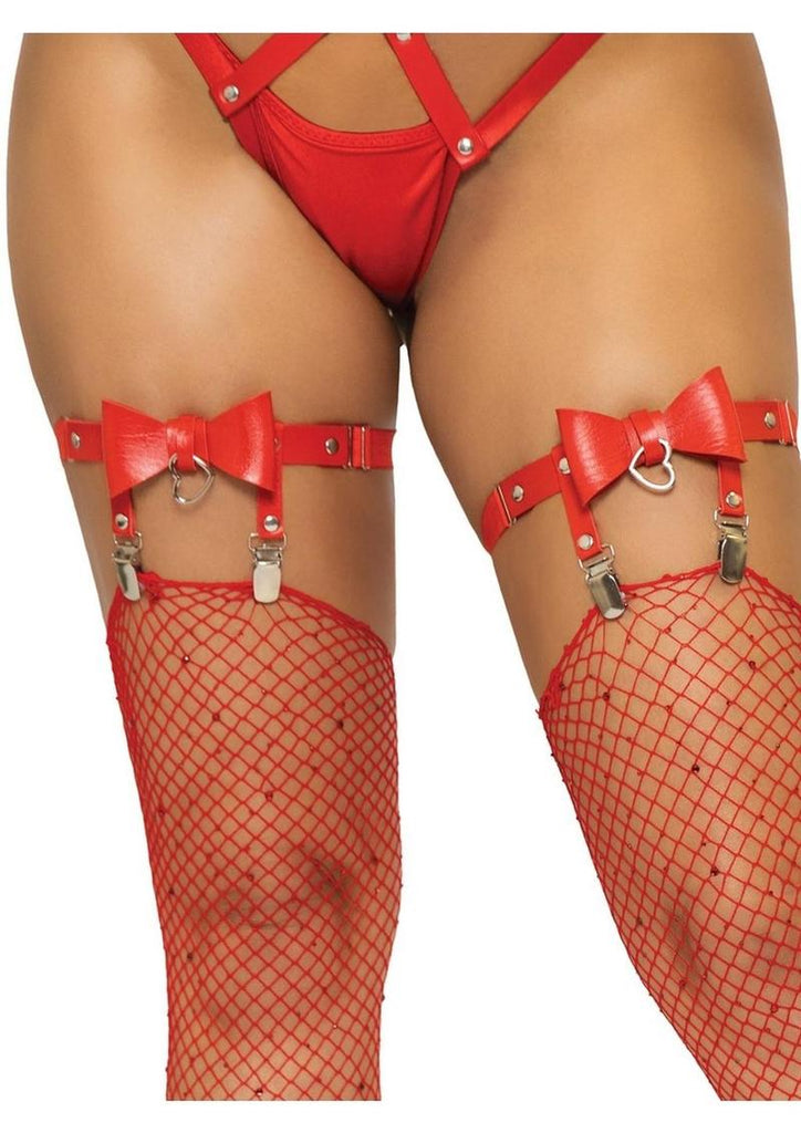 Vegan Leather Thigh High Bow Garter with Adjustable Straps and Heart Ring Accent - Red - One Size